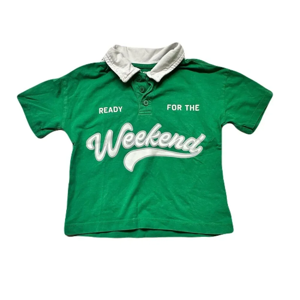 Old Navy Boys 4T Green Polo Shirt White Collar Ready for the Weekend Print